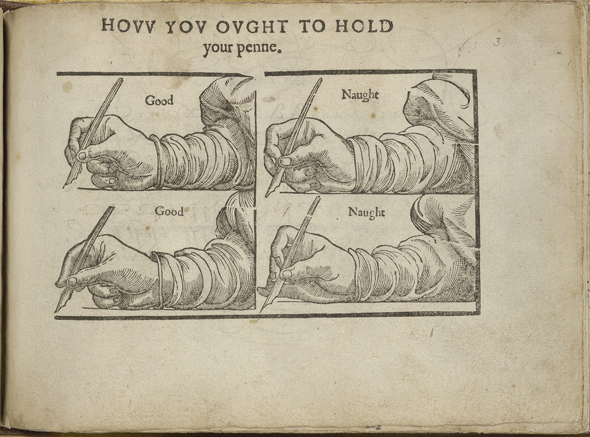 Dessin expliquant comment tenir une plume pour écrire (1611)