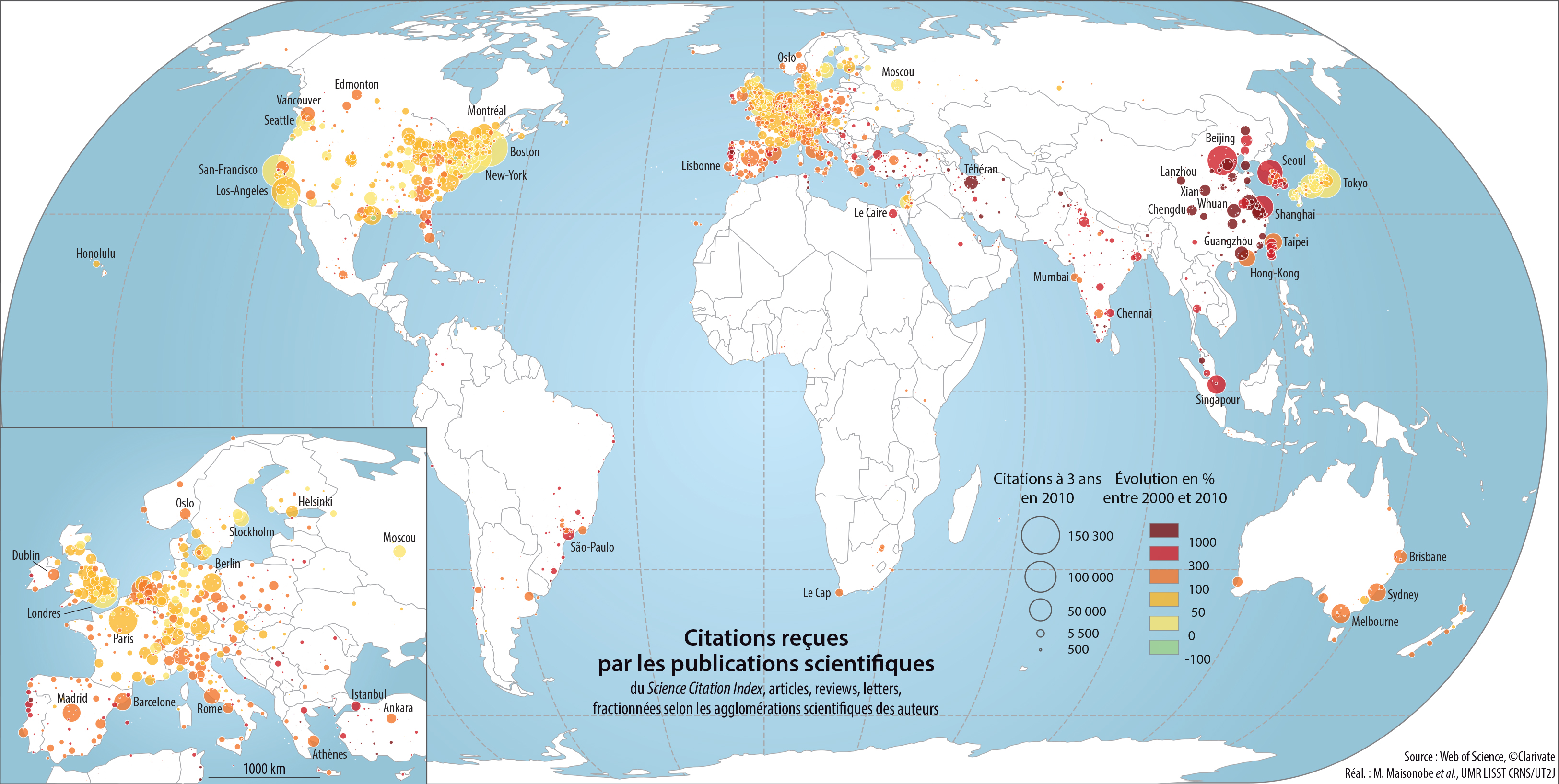 Évolution de la répartition des citations reçues par les publications parues entre 2000 et 2010.