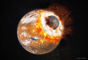 Vue d'artiste de l'impact géant qui aurait donné naissance à Phobos et Deimos et au bassin d'impact Boréalis.