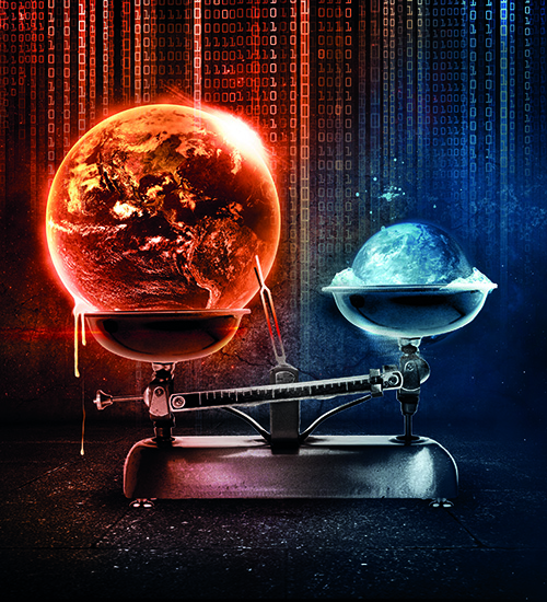 Sur fond de code informatique, une balance avec une Terre chaude sur un plateau et une Terre froide sur l'autre. L'aiguille penche vers la Terre chaude.