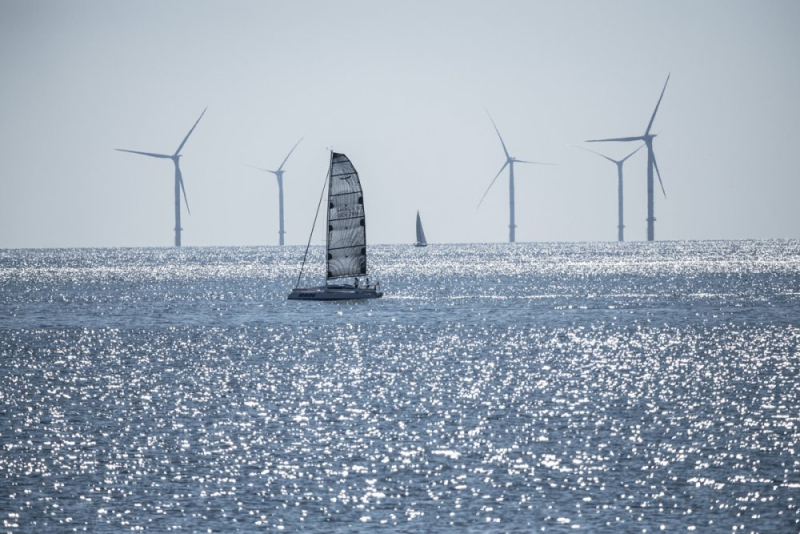 Un voilier passe devant le parc éolien de Saint-Nazaire.