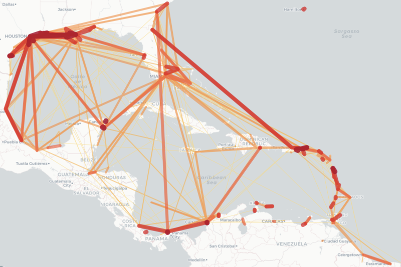 L'outil TRAFIC peut montrer l'intensité des échanges maritimes au sein de l'espace Caraïbe.