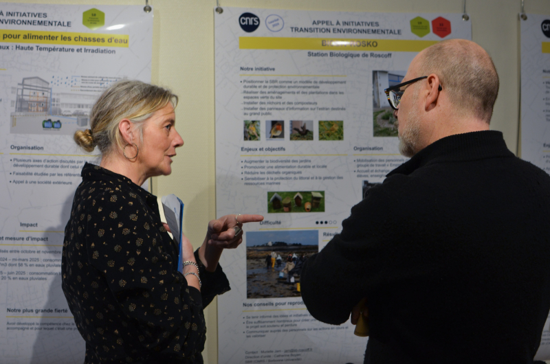 Deux personnes échangent autour d'un poster accroché dans une exposition