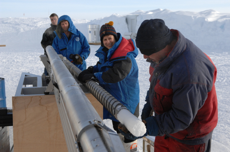 Extraction of an ice core with a prototype corer being tested during the 2008 season at Concordia