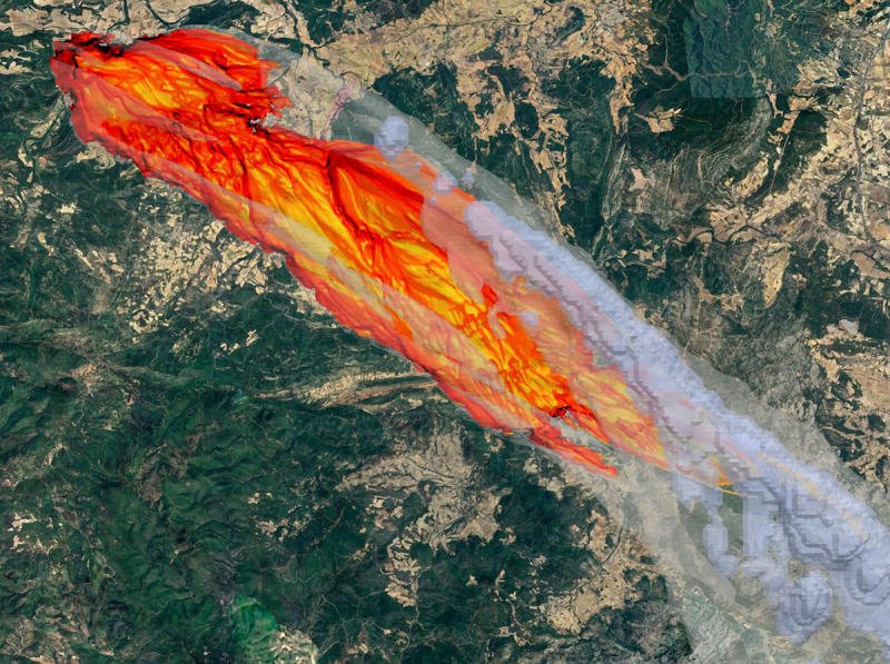 Simulation couplée feu-atmosphère de l’incendie du massif des Corbières, le 5 août 2025.