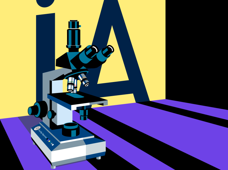 Illustration un microscope devant le signe "IA"