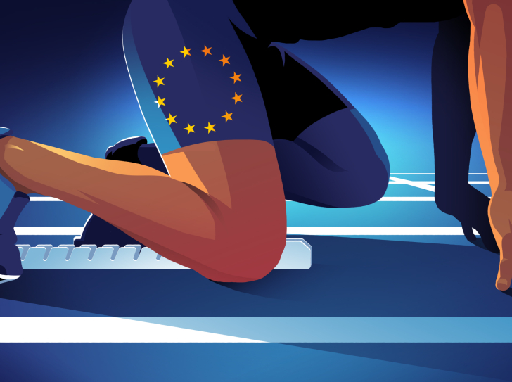 Illustration d'un sportif dans les starting block, avec un short aux couleurs du drapeau européen