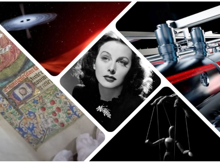Montage d'images avec les manuscrits de Praque, Hedy Lamarr, une illustration de nova, le laser Appolon et une marionnette pour symboliser le pervers narcissique
