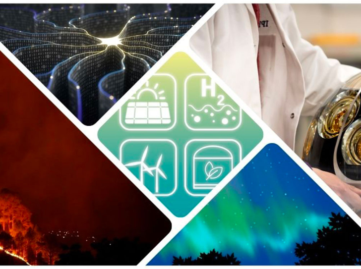 montage d'images reprenant le sujet des actualités du mois de février : mégafeux, hydrogène, aurores boréales, intelligence artificielle et neutrino