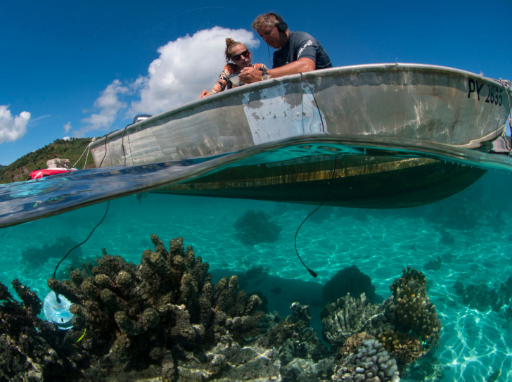 Des scientifique sur un bateau effectuant le relevé des signatures sonores d’un récif corallien dans le lagon de Moorea, en Polynésie française.
