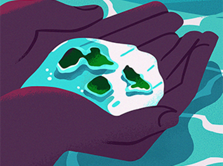 UIllustration d'une main qui tient en coupe de l'eau sur laquelle flotte les îles d'outre-mer
