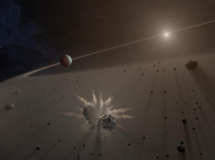 espace, vue de dessus d'un disque de débris et de poussières autour d'une étoile, une planète géante au sein du disque est visible en arrière-plan