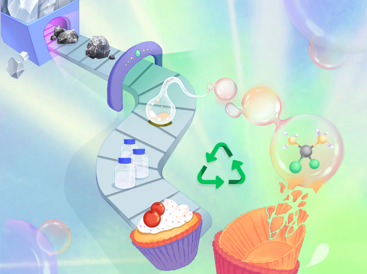 coloured background, conveyor belt design with silicone objects and recycling symbol