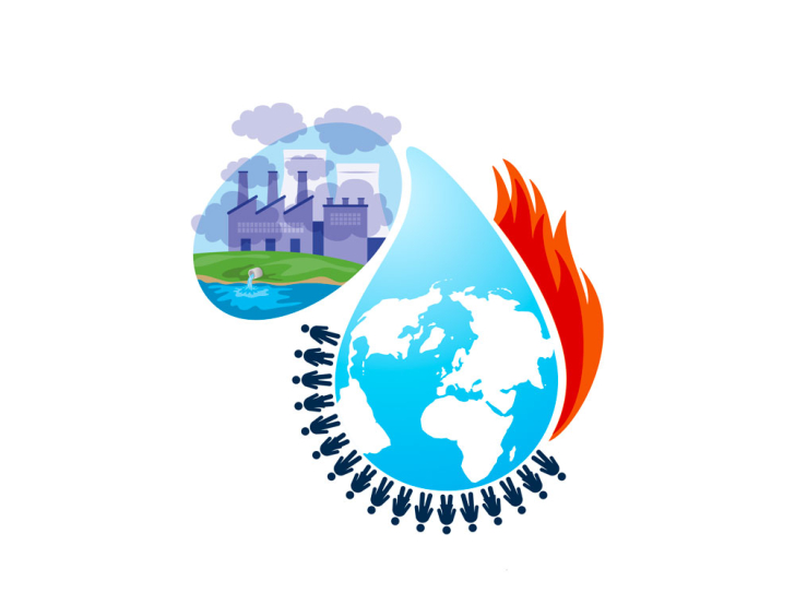 Dessin représentant la planète Terre dans une goutte d'eau entourée par les flammes et la pollution