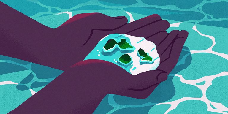 Illustration d'une main qui tient en coupe de l'eau sur laquelle flotte les îles d'outre-mer