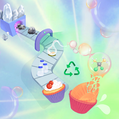 coloured background, conveyor belt design with silicone objects and recycling symbol