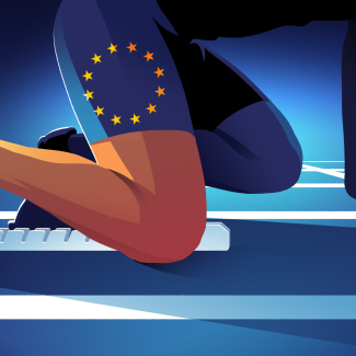 Illustration d'un sportif dans les starting block, avec un short aux couleurs du drapeau européen