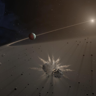 espace, vue de dessus d'un disque de débris et de poussières autour d'une étoile, une planète géante au sein du disque est visible en arrière-plan