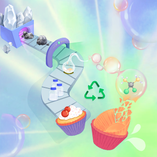 coloured background, conveyor belt design with silicone objects and recycling symbol