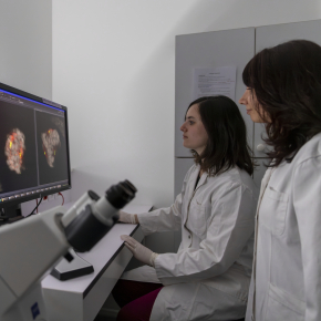 Deux chercheuses avec blouse et gants regardent un écran derrière un microscope. On y voit des cellules en gros plans